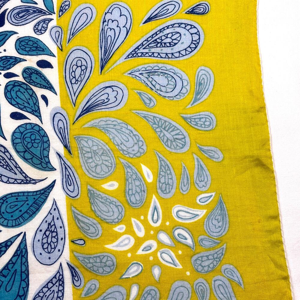 Vintage 50s 60s Signed Kati Handkerchief Paisley Chartreuse Blue Cotton Hanky - Picture 5 of 7